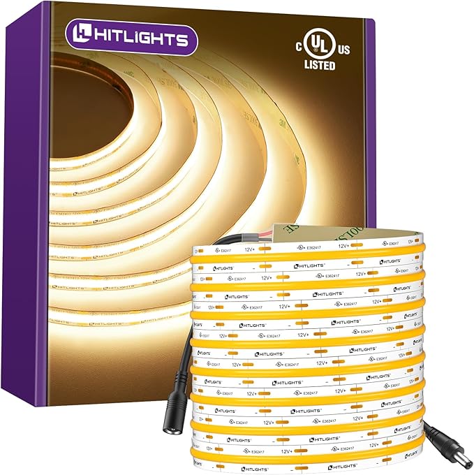 HitLights COB LED Strip Lights Warm White, 12V Tape Light 3000K 16.4ft, 2640 LEDs, 426 lm/ft, CRI 90+, IP30, Premium High Density Lighting for Kitchen, Cabinets, UL Listed (Power Source Not Included)