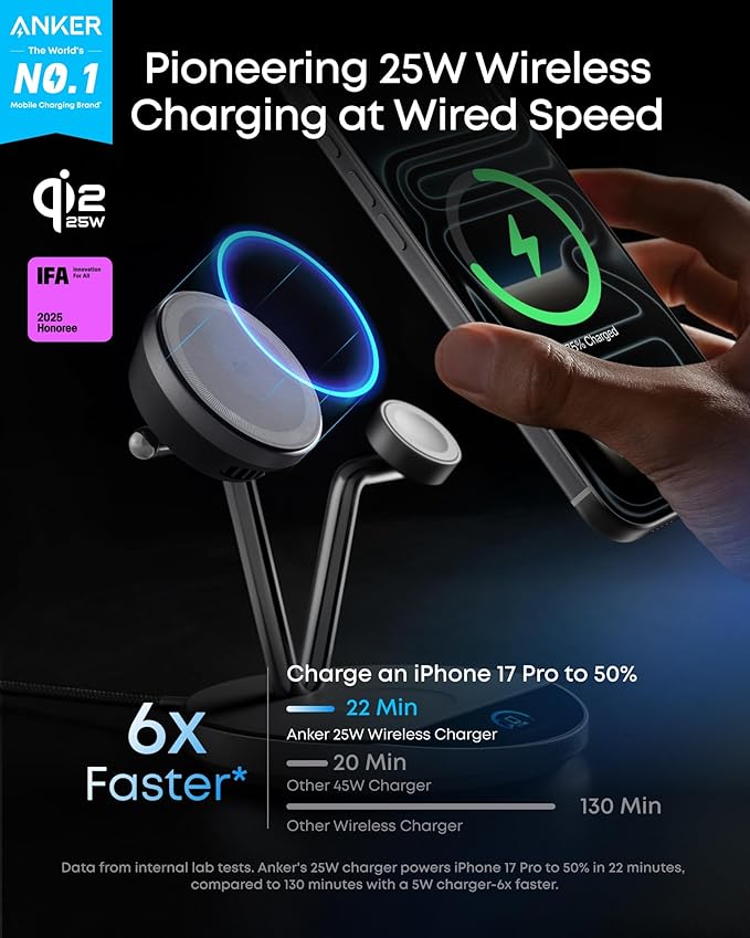 Anker Prime MagSafe Charger Compatible, 3-in-1 Charging Station, Qi2 25W Certified Wireless Charger Dock Stand, Smart Display with TEC Active Cooling, for iPhone 17, Apple Watch, AirPods, and More
