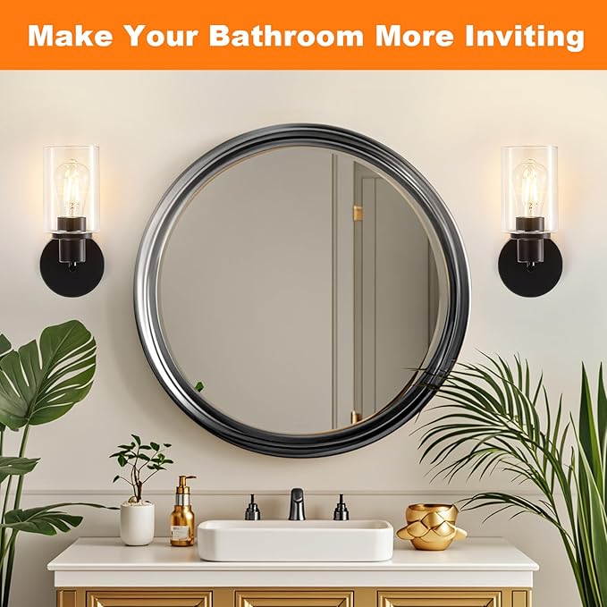 DLLT Wall Sconces Set of Two: Modern Bathroom Vanity Light Fixtures - Matte Black Vanity Lights with Clear Glass Shade - Farmhouse Wall Lamp for Bedroom Living Room Mirror Hallway Kitchen