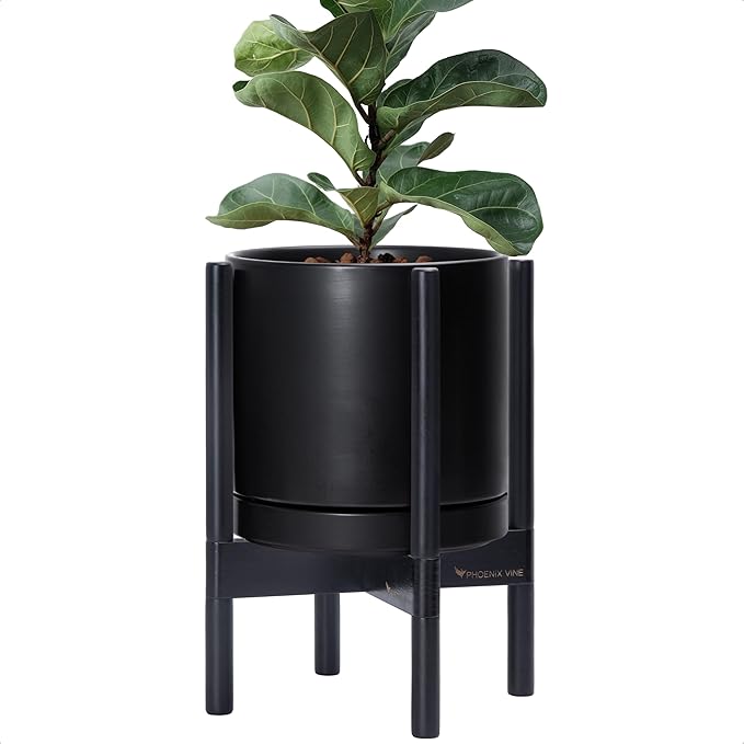 D'vine Dev Ceramic Planter with Ebony Stand - 10 Inch Modern Round Flower Pot with Wood Planter Holder, Black, 55-B-L-2