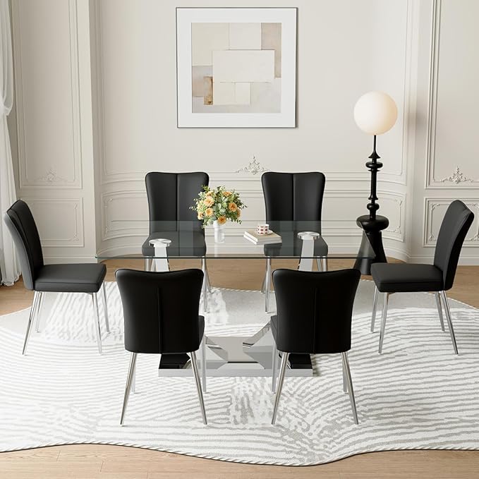 Glass Dining Table Set for 6,Dining Room Table Set for 6,Kitchen Table Set with 6 PU Leather Chairs,63'' Glass Dining Table Set with Silver U-Shaped Table Legs and Rectangular Base