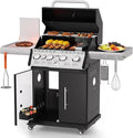 SKOK 4 Burner Propane Gas Grill with Infrared Side and Rear Burners, Outdoor BBQ Grill with Cast Iron Grates, Barbecue Grill with Wheels, 60,000BTU Output