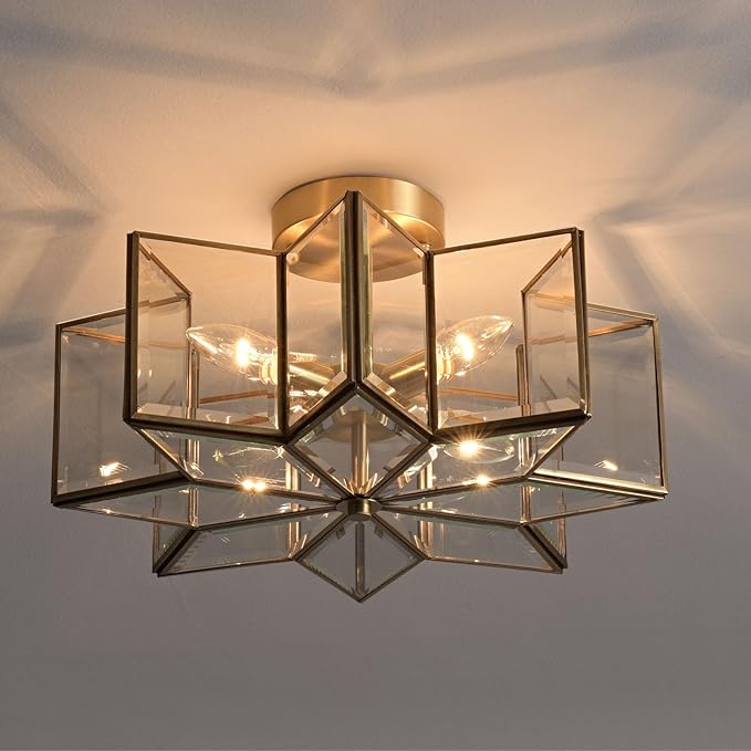 Milaii Star Semi Flush Mount Ceiling Light Fixture 16.3in Copper Brass Close to Ceiling Light Clear Glass 4-Light Hallway Lights for Kitchen Bedroom Foyer