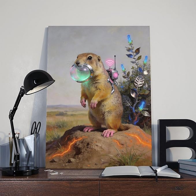 Framed Steampunk Mechanical Prairie Dog Wall Art - Retro-Futuristic Wilderness Poster for Living Room Game Room Decor 16x24inch(40x60cm)