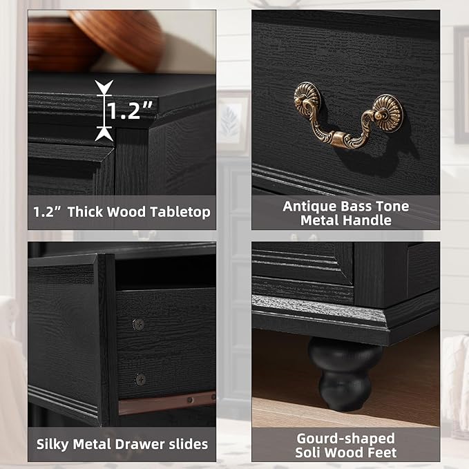 Farmhouse 5 Drawer Dresser Set of 2 for Bedroom, 45" Tall Rustic Chests of Drawers w/ 4 Solid Wood Feet, Vintage Mid Century Wooden Closet Storage Dressers Organizer for Living Room, Black