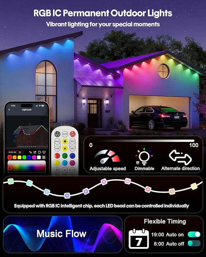 Permanent Outdoor Lights 150FT, Smart RGB+IC Eave Lights with Remote APP Control, DIY LED Color Individual, White & Colorful Christmas String Light, IP67 Waterproof for House Outside Decor