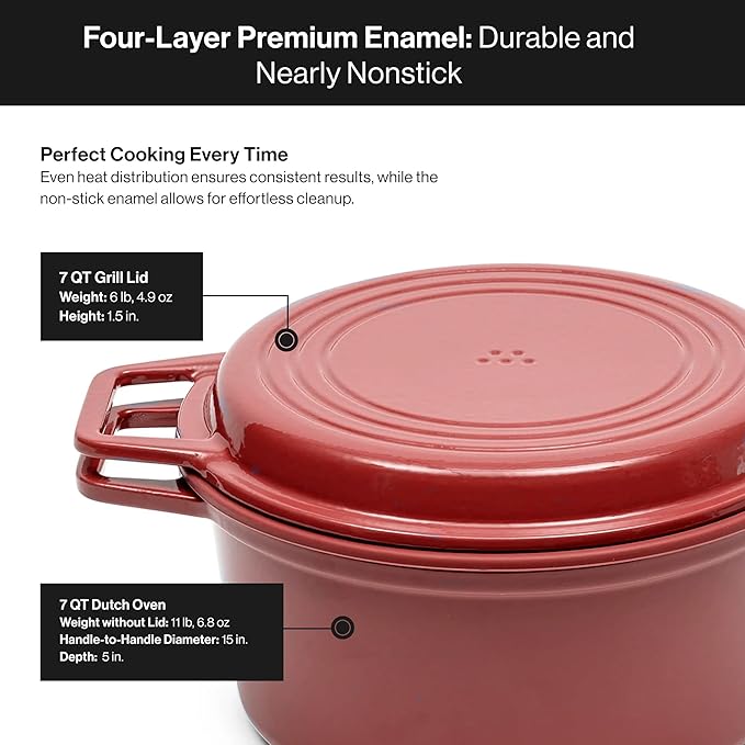 Misen 7 QT Enameled Cast Iron Dutch Oven - Chip-Resistant Enamel Coating - Thick Iron Core For Heat Retention - Large Cooking Surface - Oven Safe, Induction Compatible - Grill and Silicone Lid, Red