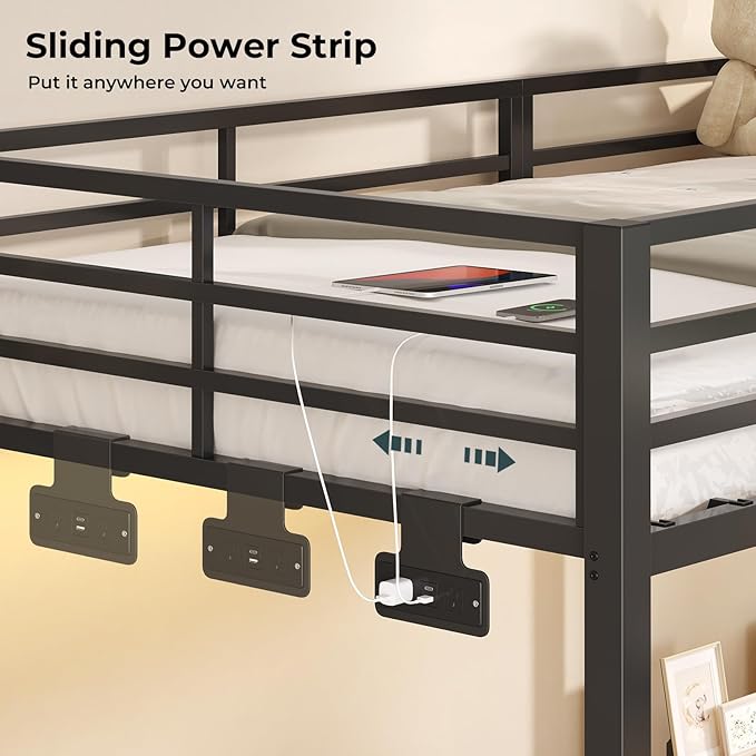 ADORNEVE Triple Bunk Bed with Storage Staircase, RGB Lights & Charging Station, Twin Over Twin, Heavy Duty Metal 3 Bunk Beds with Drawers & Headboard Shelf, Safety Guardrails, for Kids, Black