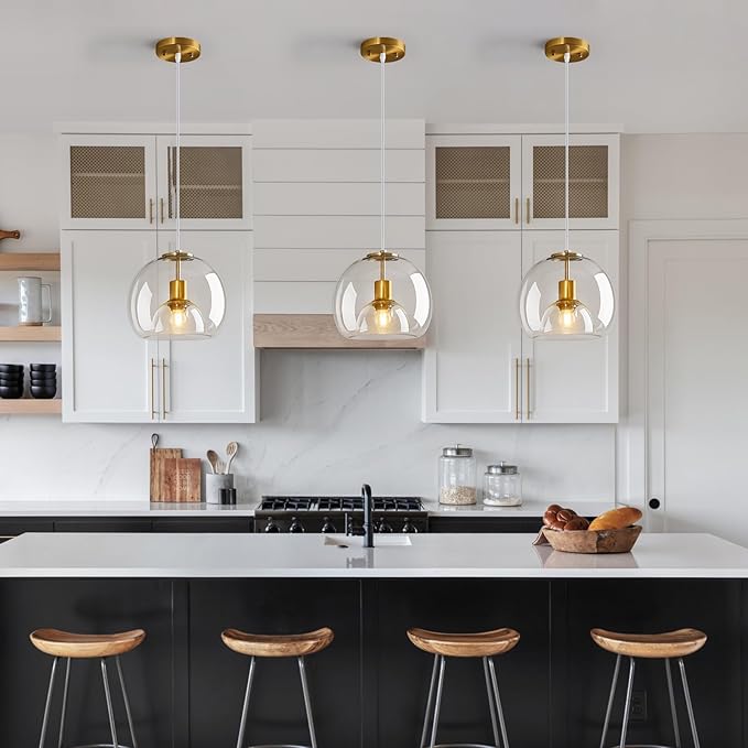 Clear Glass Pendant Lights Kitchen Island Gold Hanging Light Fixture Glass Globe Pendant Light Modern Pendant Lighting for Kitchen Island Bedroom Dining Room (9.84", 1 Pack)