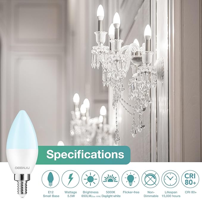 DEGNJU 60 Pack Chandelier Light Bulbs, 60 Watt Equivalent, 5.5W E12 LED Candelabra Light Bulbs, Daylight White 5000K B11 Ceiling Fan Bulb, Type b Shape, 650 Lumen, 120V, Non-Dimmable