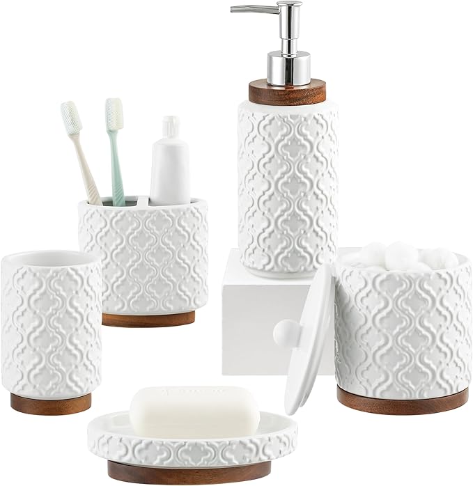 RQYIXI Elegant 5 PCS Ceramic&Wood Bathroom Accessories Set:Soap Dispenser,Toothbrush Holder,Tumbler,Soap Dish,Cotton Swab Jar,Easy to Clean,Quatrefoil Pattern,White-Affordable Home Luxury