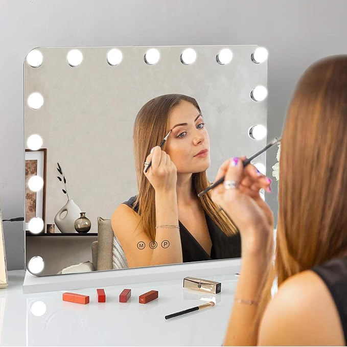 Hollywood Vanity Mirror with Lights, 17 Dimmable LED Bulbs 3 Color Lighted Makeup Mirror with Detachable 10X Magnification Mirror, Tabletop or Wall-Mounted, Touch Control