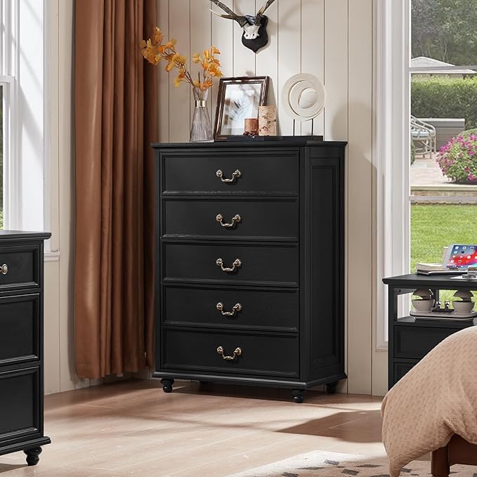 Farmhouse 5 Drawer Dresser Set of 2 for Bedroom, 45" Tall Rustic Chests of Drawers w/ 4 Solid Wood Feet, Vintage Mid Century Wooden Closet Storage Dressers Organizer for Living Room, Black
