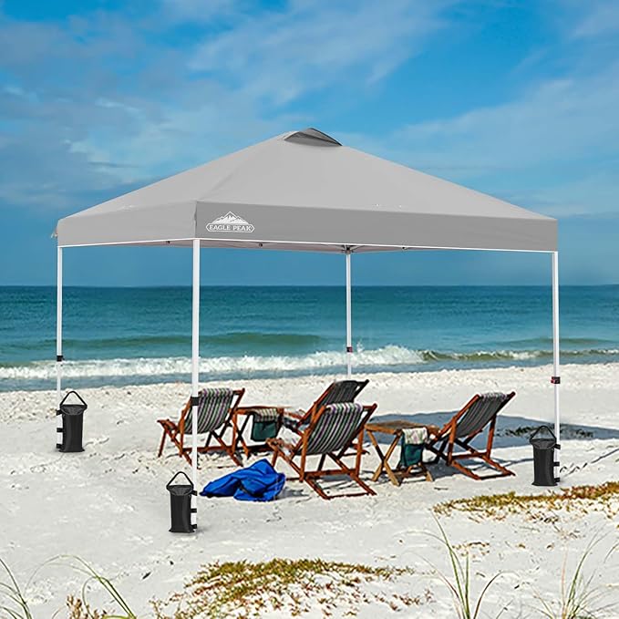 EAGLE PEAK Pop Up Canopy Tent with Wheeled Carry Bag, 8 Stakes, 4 Ropes, 4 Weight Bags, Easy Set Up Tent Canopy, 10x10 ft, 100sqft of Shade, Light Gray