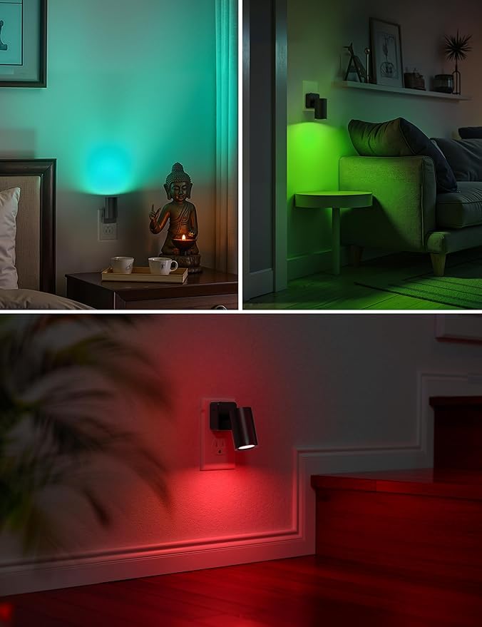 L LOHAS LED Night Lights Plug into Wall, [2-Pack] Decorative Night Lights with Dusk to Dawn Sensor,Brightness Adjustable,RGB Color Changing Nightlight for Bathroom,Hallway,Stairs