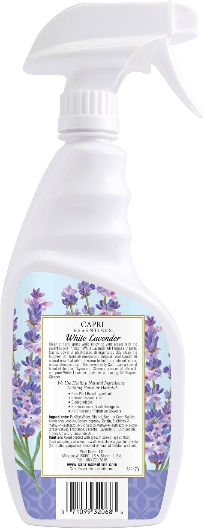 CAPRI ESSENTIALS All Purpose Cleaner, Natural Household Cleaning Supplies, Plant Based Kitchen Counter Surface Spray, Removes Dirt & Grime, Blend of Essential Oils, White Lavender, 23 FL Oz (2 Pack)