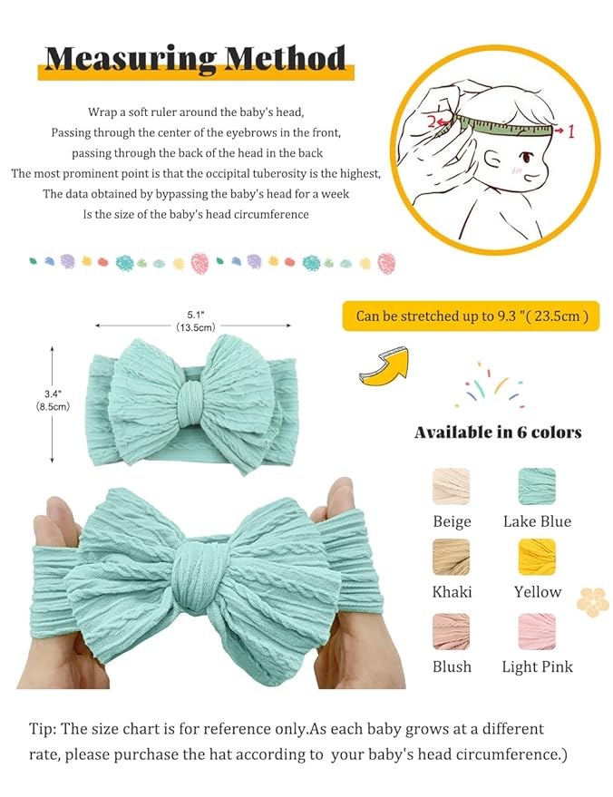 6 Pack Nylon Headbands with Stretchy Infant Bows, Pink Head Wraps for Newborns and Toddlers (03H-10)
