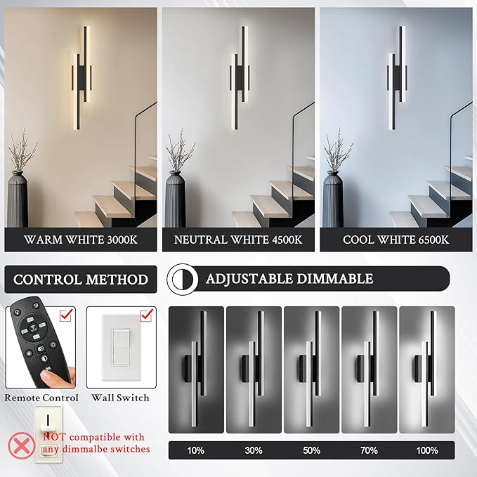 LED Wall Sconce Black Modern Remote Wall Light Fixtures for Living Room, Dimmable LED Vanity Light Indoor Remote Wall Sconce for Bedside Bedroom Bathroom Dining Room, 23.6inch 1 Pack
