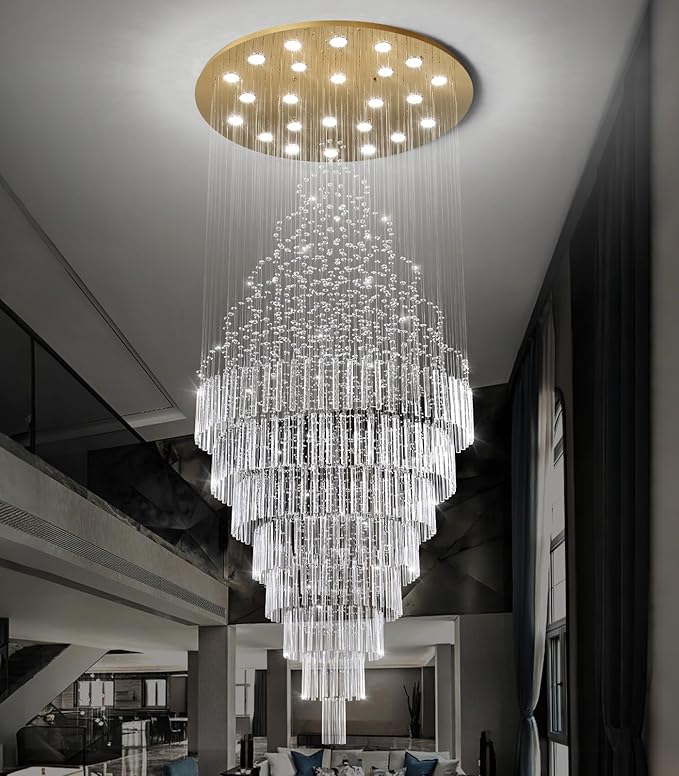 W47 x H120 Crystal LED Chandelier with Light Bulbs Luxury Raindrop High Ceiling Chandeliers for Entryway Villa Staircase Foyer Living Room Lighting Fixtures Gold