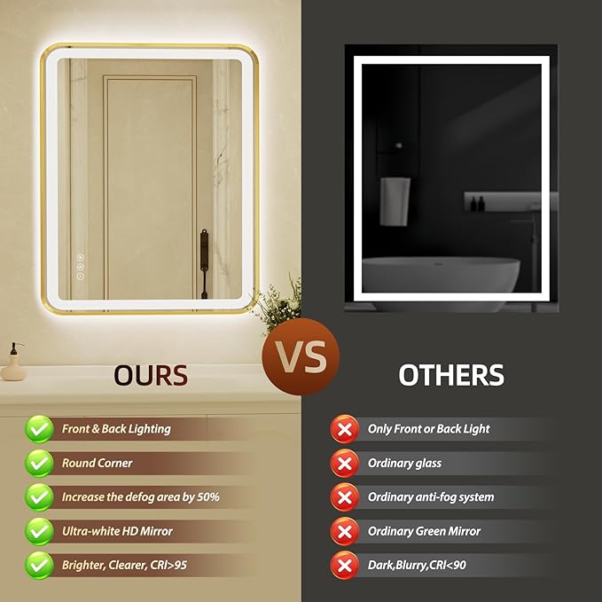 28x40 Inch Gold Framed LED Bathroom Mirror with Lights, Built-in Bluetooth Speaker,Tempered Glass,Dimmable Lighted Bathroom Vanity Mirror with 3 Colors, Backlit + Frontlit, Memory, Anti-Fog