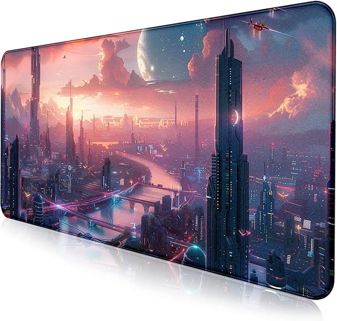 Digital Anime City Night View Office Art Desk Mat, Female Aesthetic Style Oversized Stitched Edge Laptop Keyboard Desk Mat 35.4 x 15.7 x 0.12 Inches