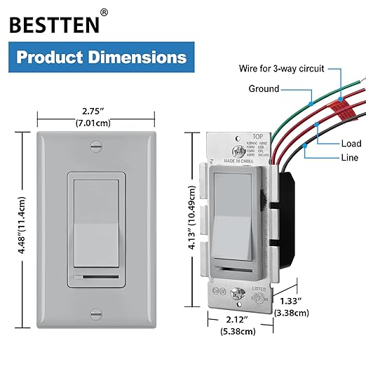 BESTTEN 10 Pack Dimmer Wall Light Switch, Compatible with Dimmable LED, CFL, Incandescent and Halogen Bulb, Single Pole or 3-Way Dimmer Switches, 120VAC, Decorator Wallplate Included, Gray
