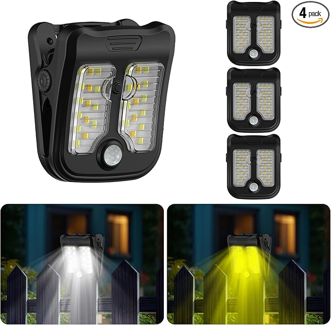 Tryme Small Solar Lights for Chain Link Fence Outdoor Motion Sensor Clip on Solar Lights for Garden Gate Deck Step Patio Camping 4 Pack