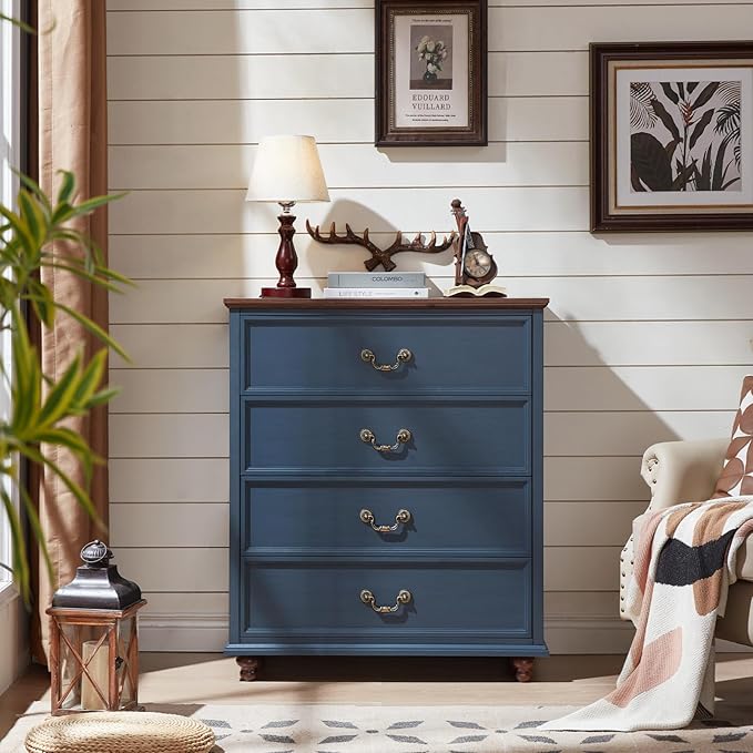 Farmhouse 4 Drawer Dresser Set of 2 for Bedroom, 37" Tall Rustic Chests of Drawers w/ 4 Solid Wood Feet, Mid Century Vintage Wooden Closet Storage Dressers Organizer for Living Room, Navy Blue