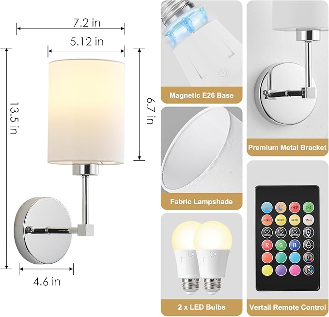 Battery Operated Wall Sconce Set of Two,Wireless Rechargeable Wall Light With Remote Control, Dimmable, 1800K/3000K/4000K/6000K/RGB, Timer, for Living Room, Bedroom, Fireplace, TV, 13.5 Inch, Chrome