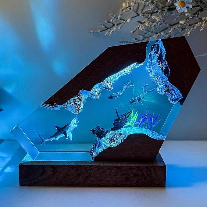 Epoxy Shark Ocean Resin Lamp, Handmade Resin Night Light with USB Port, Multi-Color LED Light, Ideal Home Bedroom Decor, Scuba Diver Gift for Birthday Holiday, Unique Shark Gifts for Him Her (8"x5")