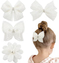 4Pcs Pearl Hair Bows for Girls, White Butterfly Flower Hair Bow Clip Wedding Hair Accessories for Baby Infants Toddlers Kids (Large size)
