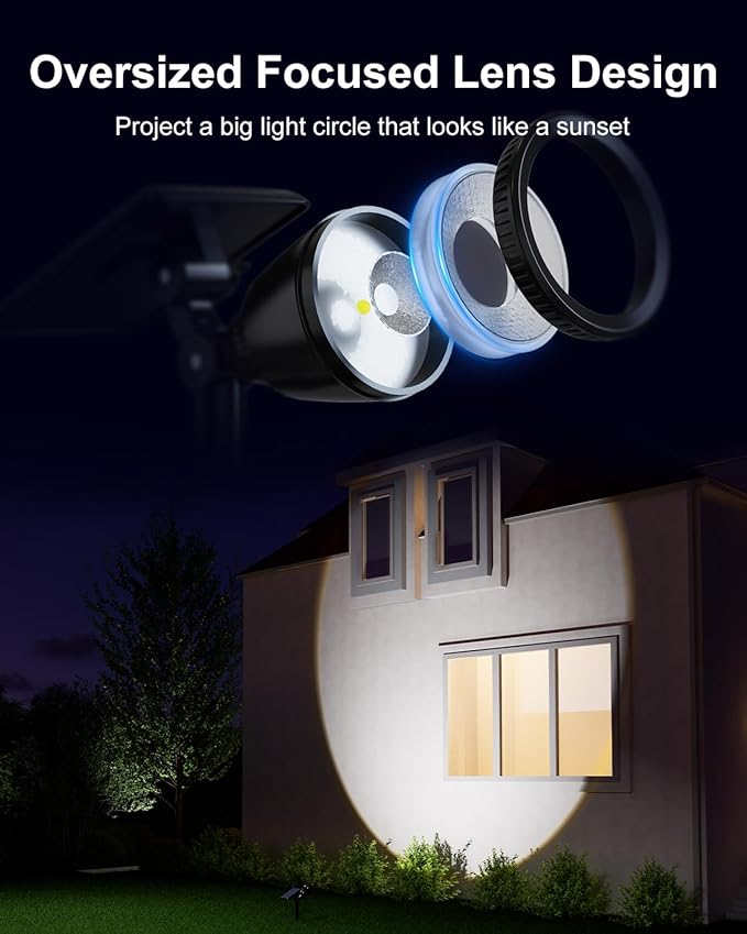 Solar Powered Sunset Spotlight Outdoor Waterproof Spot LED Accent Landscape Uplight for Outside Trees, House Flag, Sculptures, Lawn, Wall, Yard and Garden, Independently Adjustable Light & Panel