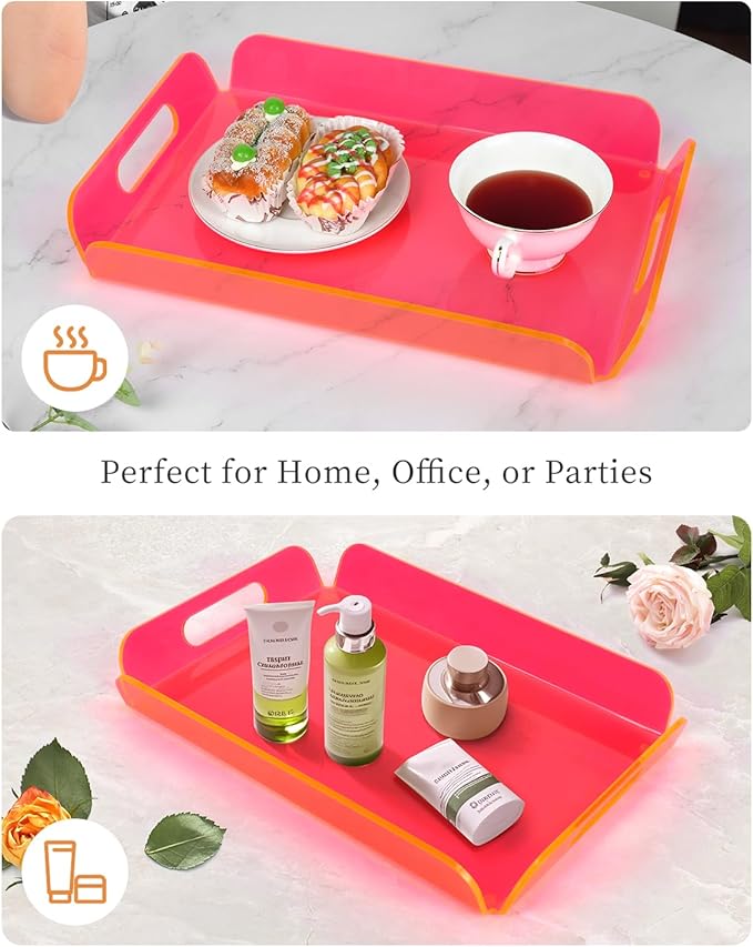 Neon Pink Acrylic Tray 15x10.2 Inches - Bold and Bright Serving Tray for Kitchen, Parties, and Home Organization - Durable and Stylish