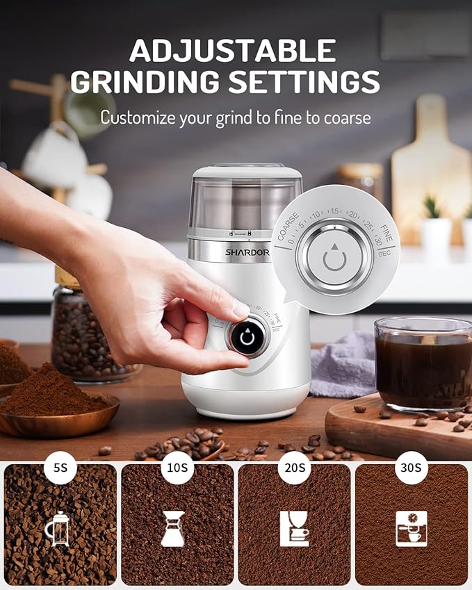SHARDOR Electric Super Silent Blade Coffee Grinder, Timed Grind Control Rotary Knob, Adjustable Coarse to Fine for Coffee Beans, Spices & Herbs, with 2 Removable Stainless Steel Bowl, White