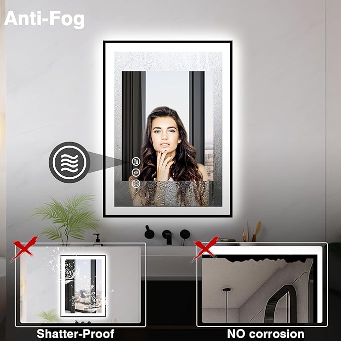 24x36 LED Bathroom Mirrors for Wall -Black Aluminum Framed (Front and Backlit), Anti-Fog Vanity Mirror with Lights,Stepless Dimmable Lighted, 3 Colors Smart Mirror(Horizontal/Vertical)