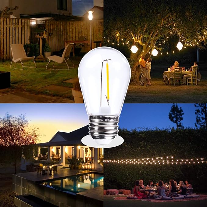 Jslinter 25 Pack Edison Bulb String Lights Outdoor, S14 Replacement Bulbs for Outdoor String Lights Waterproof 1W, E26 Base Led Light Bulb, 2700K Warm White Light Bulbs for Patio