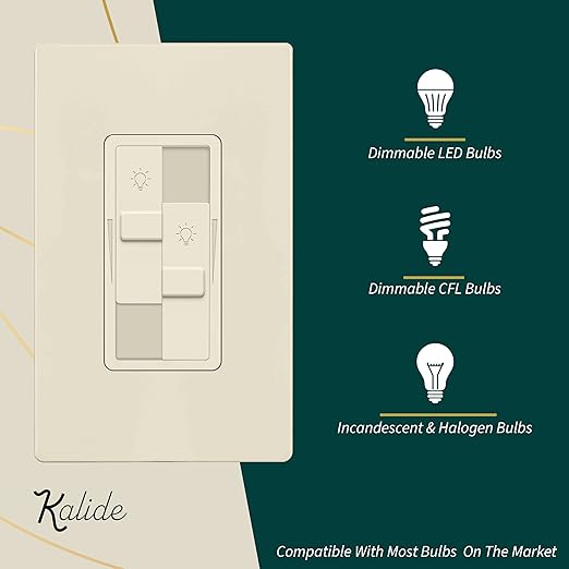 TOPGREENER Kalide Dual Load Dimmer Light Switch, Double LED Dimmer Switch, Full Range Dimming, Single Pole, 120VAC, 60Hz, 200W LED/CFL, Neutral Wire Not Required, TGDDS-LA, Light Almond