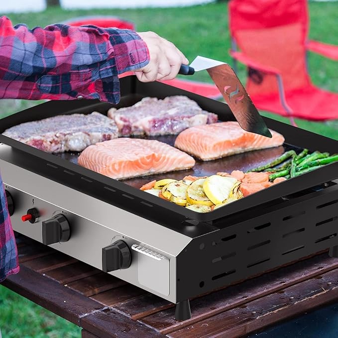 3 Burner BBQ Gas Griddle, 25.6 Inch Stainless Steel Tabletop Portable Propane Griddle, 30,000 BTU Flat Top Grill for Camping