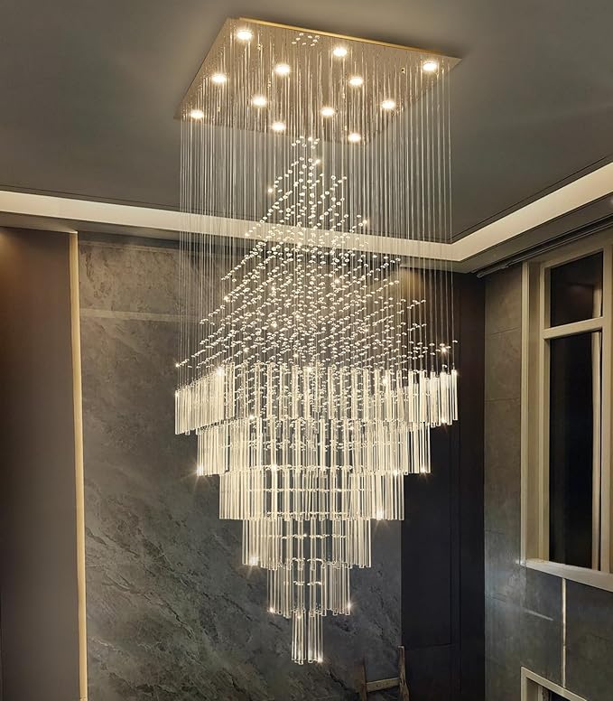 W32 x H120 Glam Chandelier with LED Bulbs Square Chandeliers, Crystal Raindrop High Ceiling Pendant Light for Entrance Large Villa Foyer Lighting Fixtures Gold