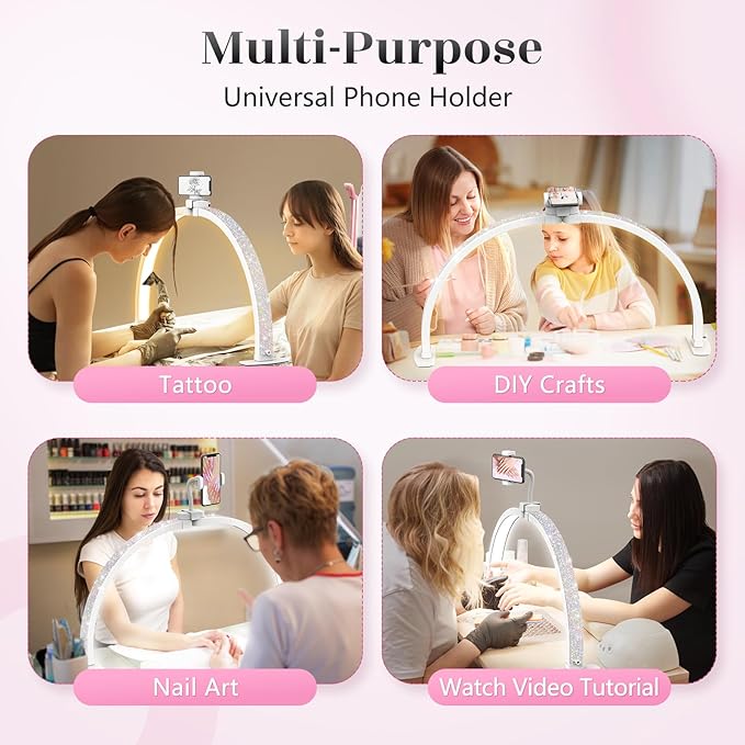 Yokilly Half Moon Light for Nail Desk: 29" Foldable Half Moon Desk Lamp with Phone Holder for Beginner - Arch Nail Tech Light with 3 Color Modes & 10 Brightness for Manicure Salon (Diamond, Large)