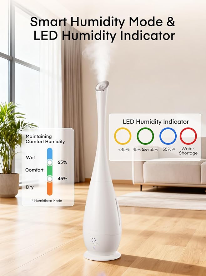FOHERE Humidifiers for Bedroom Large Room, 5L Cool Mist Quiet Humidifier 48H Long Last for Indoor Plant, Baby, Home, Office with Humidity Sensor, Aroma Box, 3 Speed Settings, White