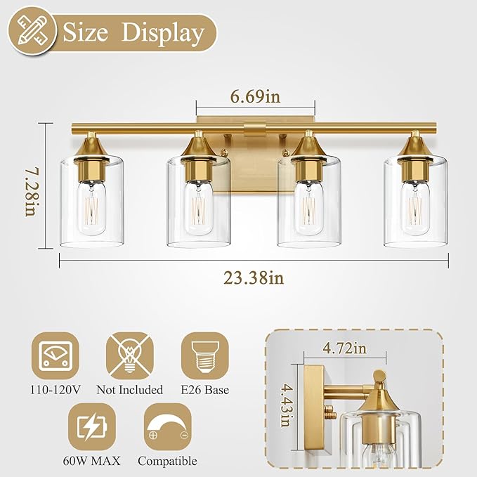 Brushed Gold Vanity Light,4 Light Gold Bathroom Light Fixtures,Bathroom Lights Over Mirror with Clear Glass Shade,Modern Wall Lighting for Mirror Bedroom Vanity Hallway