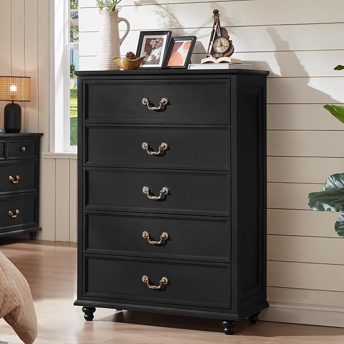 Farmhouse 5 Drawer Dresser for Bedroom, 45" Tall Rustic Chests of Drawers w/ 4 Solid Wood Feet, Mid Century Modern Wooden Closet Storage Dressers Organizer for Living Room, Hallway, Black