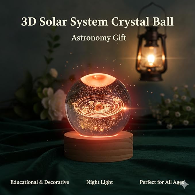 Happyhaves Calming Stellar Spheres Crystal Ball Night Light with Wooden Base, 3D Moon and Galaxy Light, Planet Sphere Calming Light for Bedroom Decor and Astronomy Gifts(Galaxy)