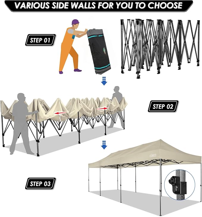 COBIZI 10x30 Heavy Duty Pop up Canopy with 8 sidewalls Stable Wedding Outdoor Tents for Parties Canopy Pop Up Party Tent UPF 50+ Waterproof Commercial Gazebo with Roller Bag, Khaki(Windproof Upgraded)