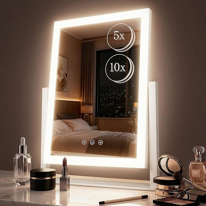 DECADENCE Vanity Mirror with Lights, 17.3’’ LED Makeup Mirror Detachable 10X/5X Magnification, Smart Touch Control, 3 Color Lighting Modes,360°Rotation Tabletop Make Up Mirror for Bedroom Bathroom