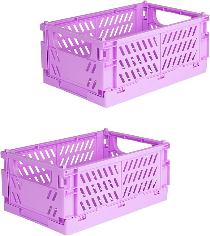 Tixill 2-Pack Mini Foldable Plastic Baskets for Organizing and Storage, Collapsible Storage Crate for Home Kitchen Bedroom Bathroom Office (5.9x3.8x2.2, Purple)