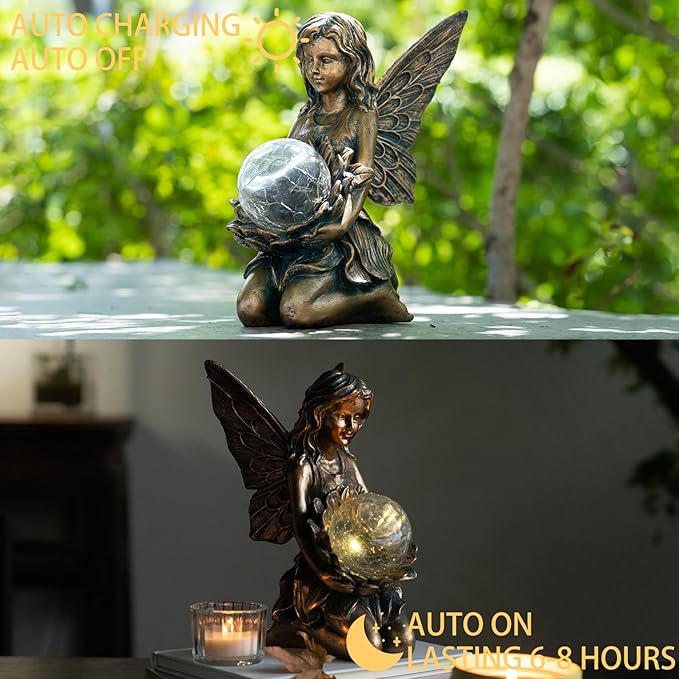 Garden Statues Outdoor Flower Fairy Decor,Solar Powered Outdoor Resin Statues-Patio Lawn Yard Porch, Funny Fairies Ornaments Figurines for Outside Garden Gifts,8.31 Inches Tall
