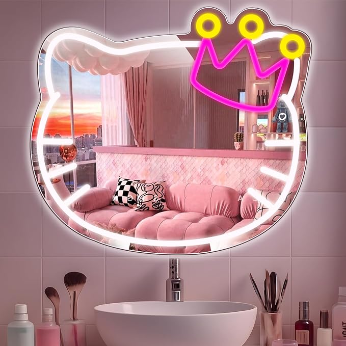 Anime Vanity Mirror with Neon Sign, 15.3 x 13.3 Inch USB Powered Makeup LED Mirror with Adjustable Brightness, Anime Style Room Wall Decor for Girls Teen Bedroom Women Children Gift Birthday Christmas