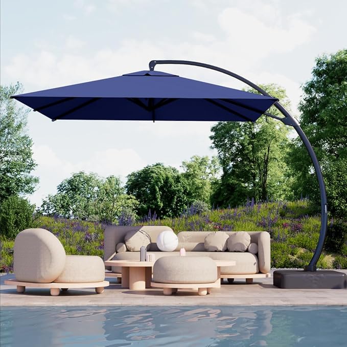 Kingdura 10x10 FT Cantilever Patio Umbrella with Base Included, Large Square Offset Outdoor Pool Umbrella, 360° Rotation & Infinite Tilt, Heavy Duty Aluminum Frame for Deck Backyard, Navy blue